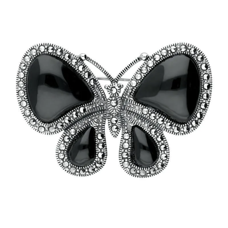 Sterling Silver Whitby Jet Marcasite Butterfly Brooch
