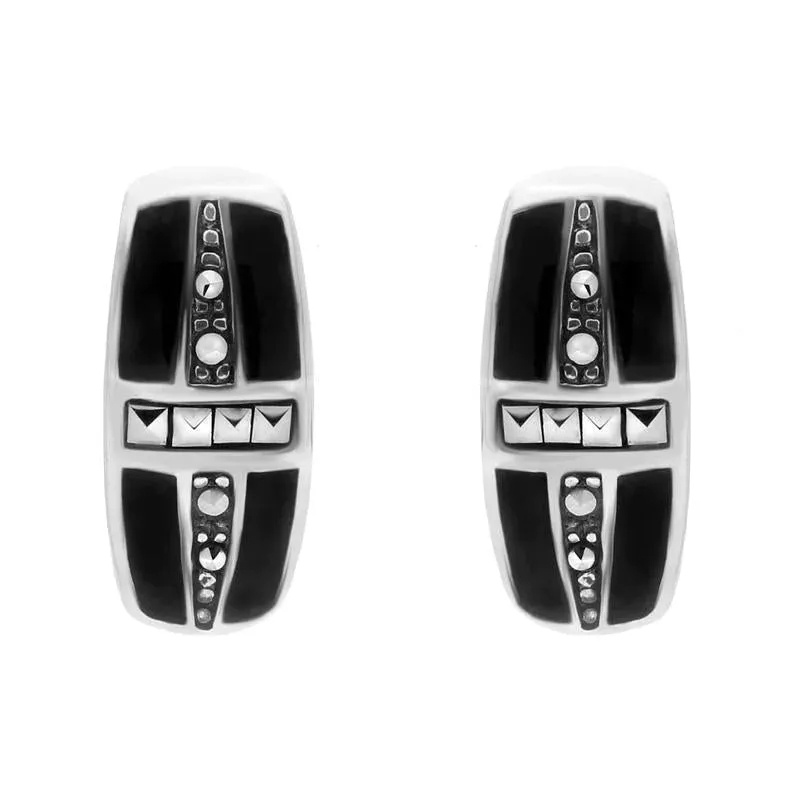 Sterling Silver Whitby Jet Marcasite Cross Barrel Stud Earrings