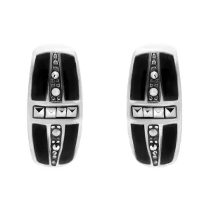 Sterling Silver Whitby Jet Marcasite Cross Barrel Stud Earrings