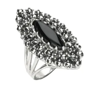 Sterling Silver Whitby Jet Marcasite Double Marquise Ring