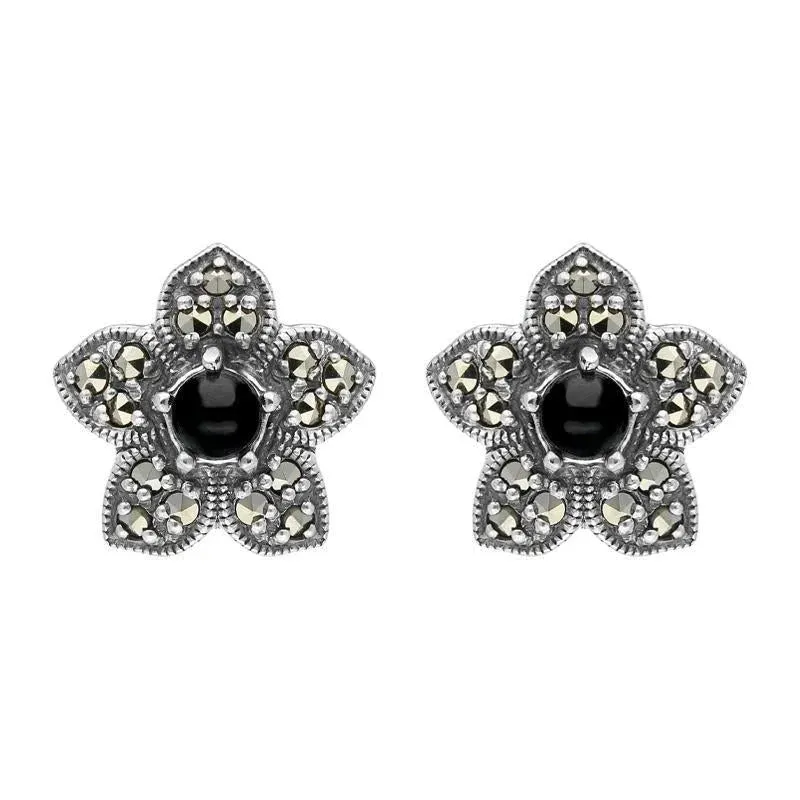 Sterling Silver Whitby Jet Marcasite Flower Stud Earrings