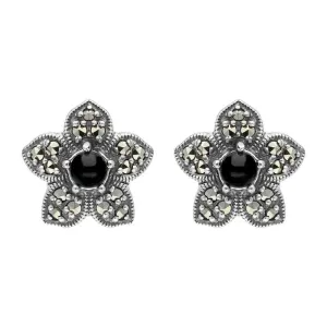 Sterling Silver Whitby Jet Marcasite Flower Stud Earrings