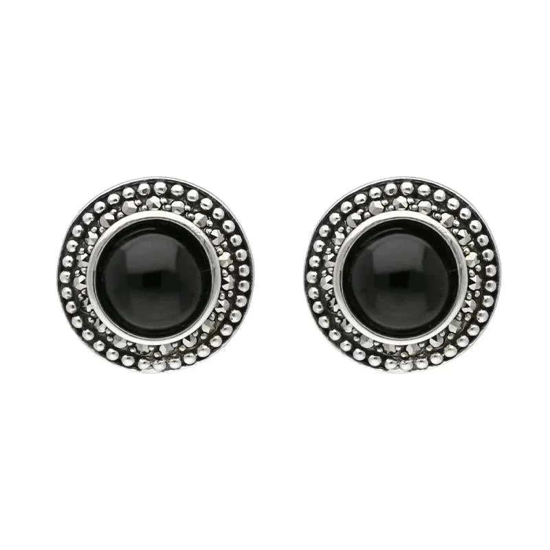 Sterling Silver Whitby Jet Marcasite Large Round Framed Stud Earrings