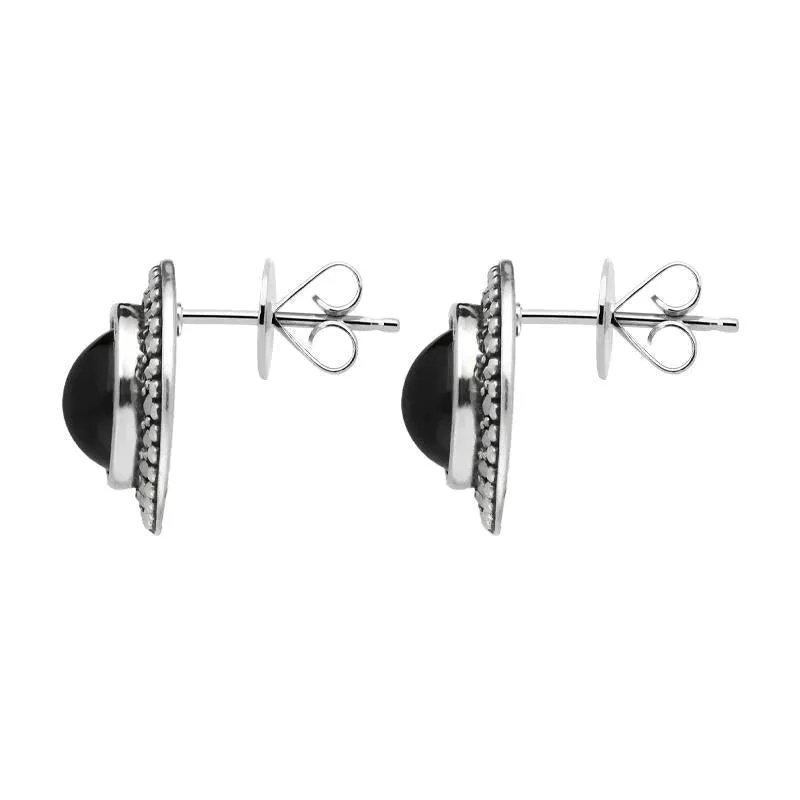 Sterling Silver Whitby Jet Marcasite Large Round Framed Stud Earrings