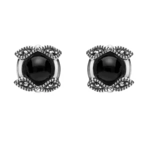 Sterling Silver Whitby Jet Marcasite Leaf Edge Stud Earrings