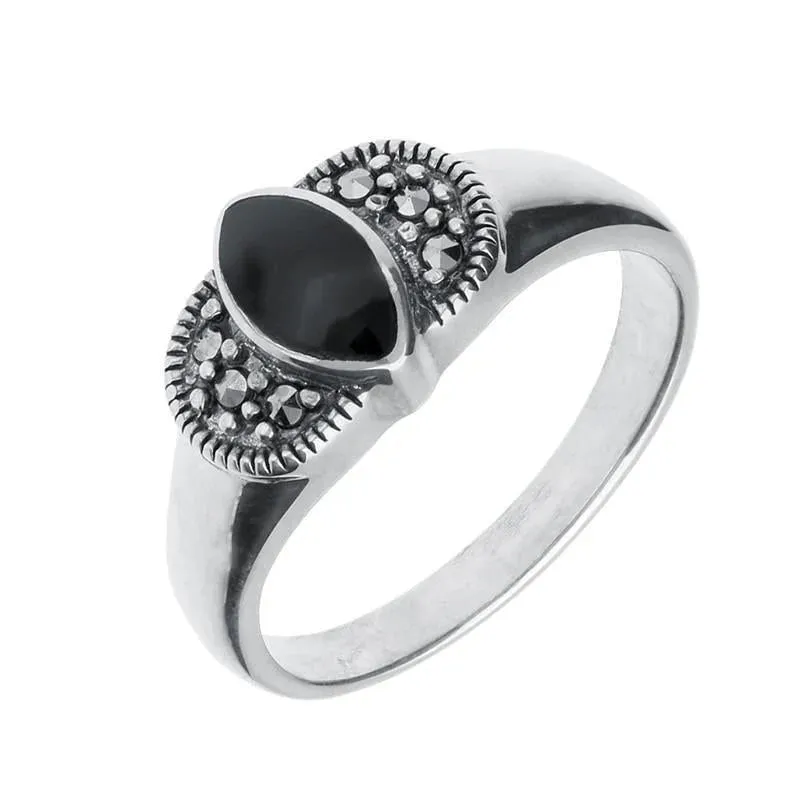 Sterling Silver Whitby Jet Marcasite Marquise Ring