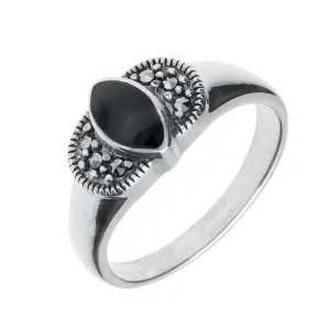 Sterling Silver Whitby Jet Marcasite Marquise Ring