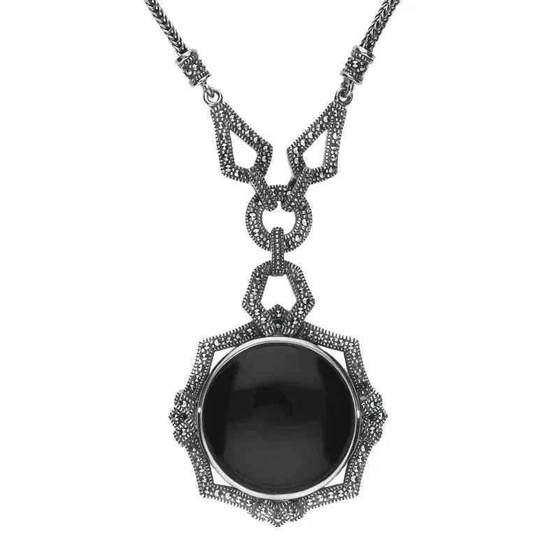 Sterling Silver Whitby Jet Marcasite Ornate Framed Necklace