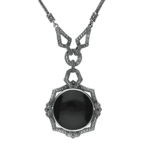 Sterling Silver Whitby Jet Marcasite Ornate Framed Necklace