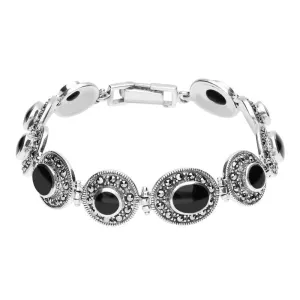 Sterling Silver Whitby Jet Marcasite Oval Link Bracelet