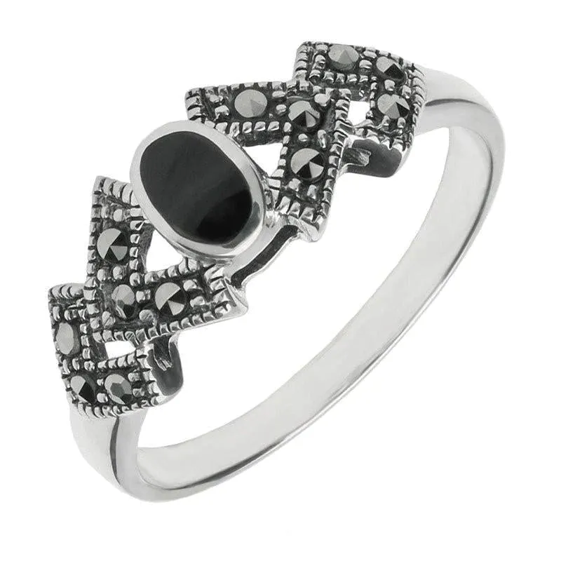 Sterling Silver Whitby Jet Marcasite Oval Triangle Ring