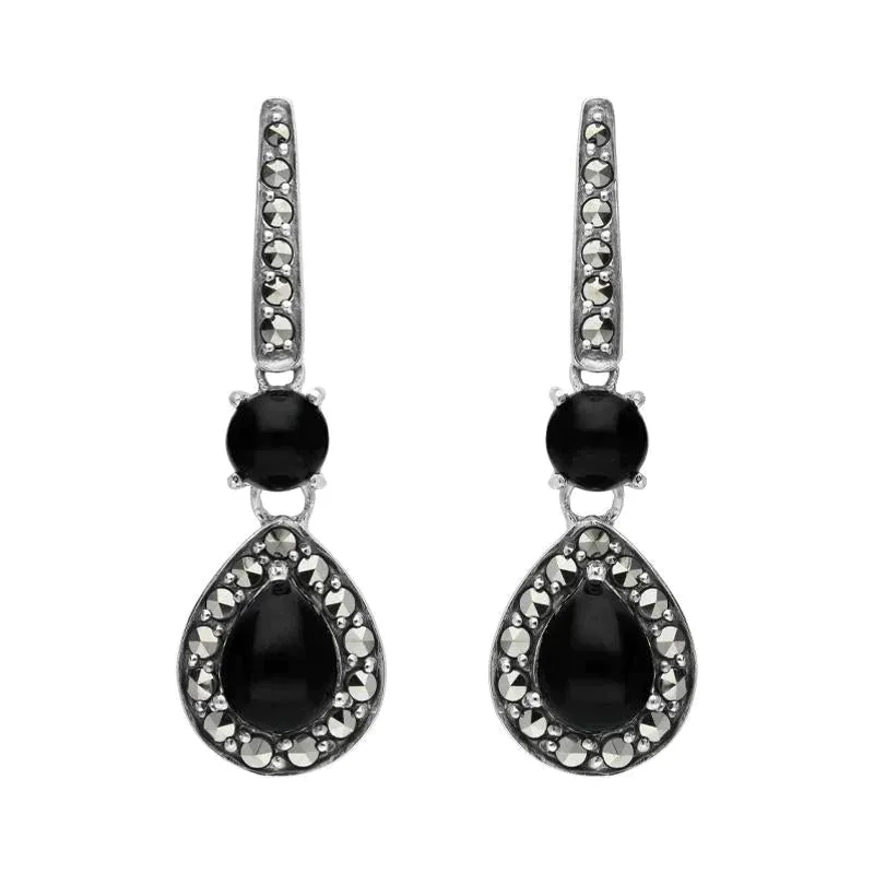 Sterling Silver Whitby Jet Marcasite Pear Drop Earrings