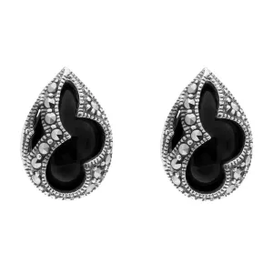 Sterling Silver Whitby Jet Marcasite Pear Shaped Stud Earrings