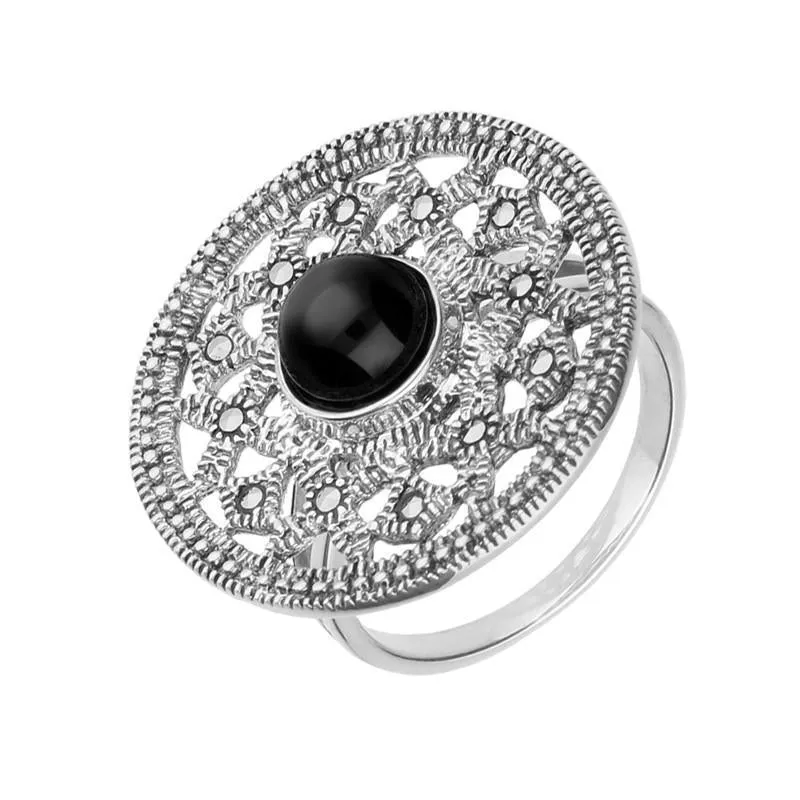 Sterling Silver Whitby Jet Marcasite Shield Ring