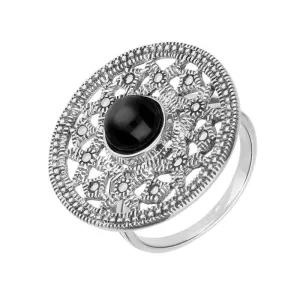 Sterling Silver Whitby Jet Marcasite Shield Ring
