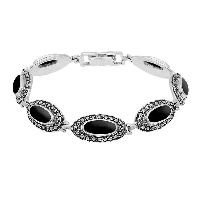 Sterling Silver Whitby Jet Marcasite Slim Oval Link Bracelet