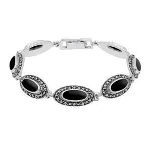 Sterling Silver Whitby Jet Marcasite Slim Oval Link Bracelet