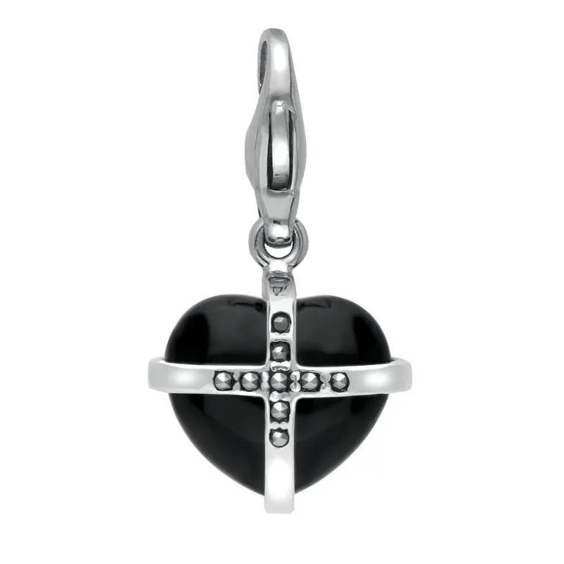 Sterling Silver Whitby Jet Marcasite Small Cross Heart Charm