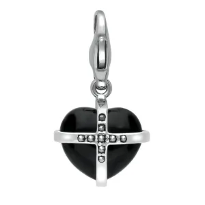 Sterling Silver Whitby Jet Marcasite Small Cross Heart Charm
