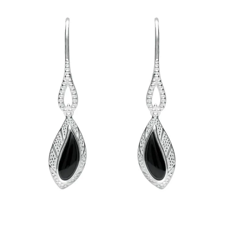 Sterling Silver Whitby Jet Marquise Beaded Edge Earrings