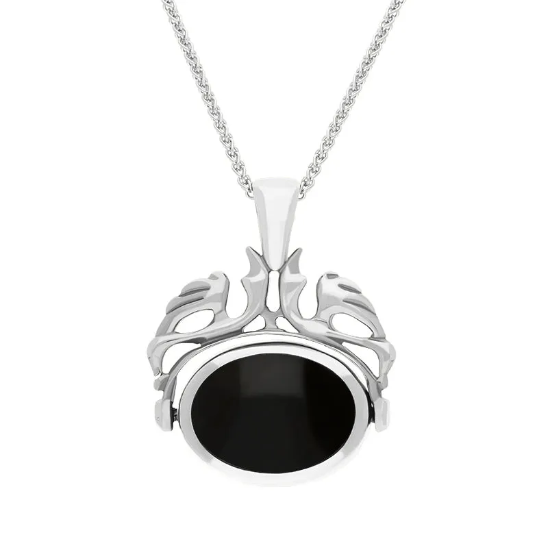 Sterling Silver Whitby Jet Mother Of Pearl Double Sided Oval Swivel Fob Necklace
