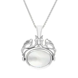 Sterling Silver Whitby Jet Mother Of Pearl Double Sided Oval Swivel Fob Necklace