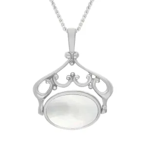 Sterling Silver Whitby Jet Mother Of Pearl Double Sided Oval Swivel Fob Necklace