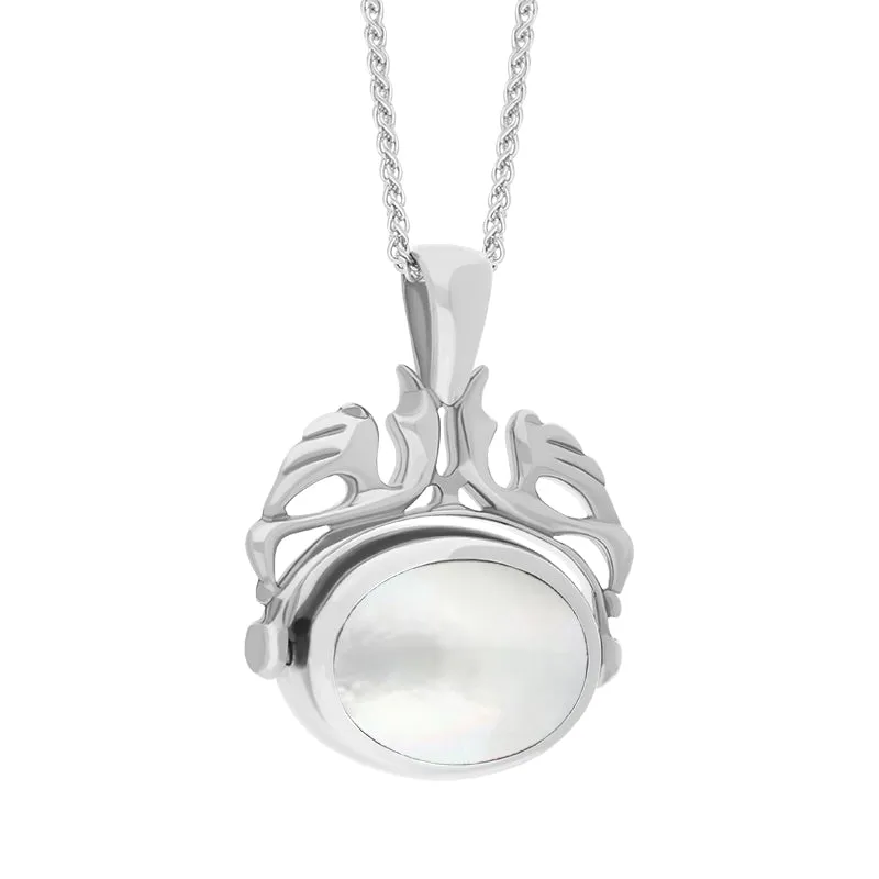 Sterling Silver Whitby Jet Mother Of Pearl Double Sided Oval Swivel Fob Necklace