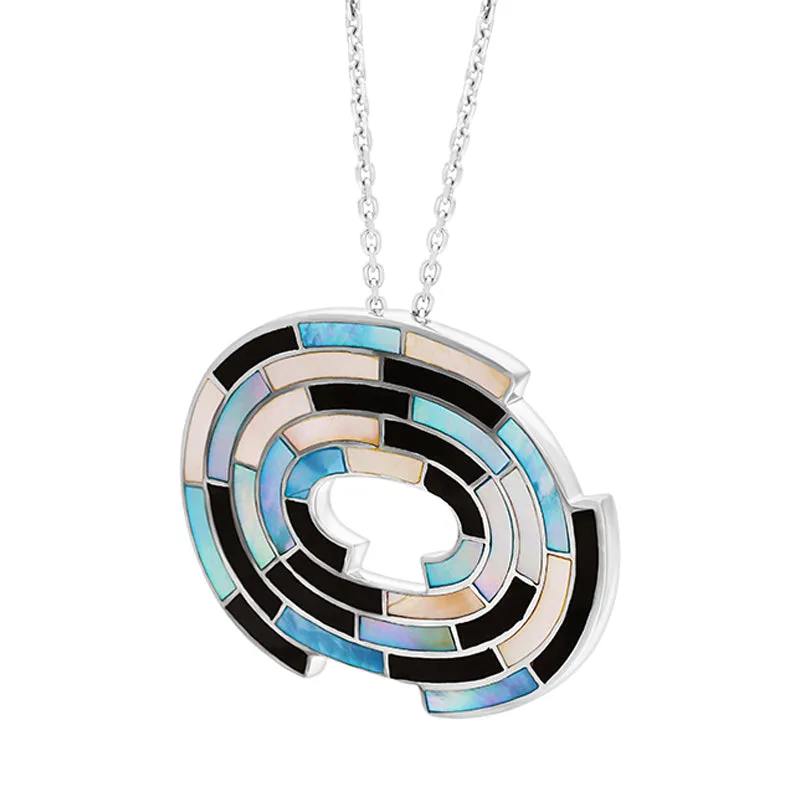 Sterling Silver Whitby Jet Mother Of Pearl Large Abstract Necklace D