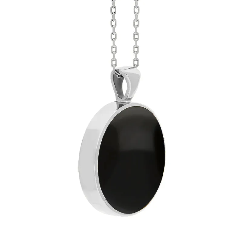 Sterling Silver Whitby Jet Mother Of Pearl Large Double Sided Round Fob Necklace
