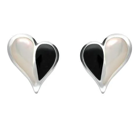 Sterling Silver Whitby Jet Mother of Pearl Split Heart Stud Earrings
