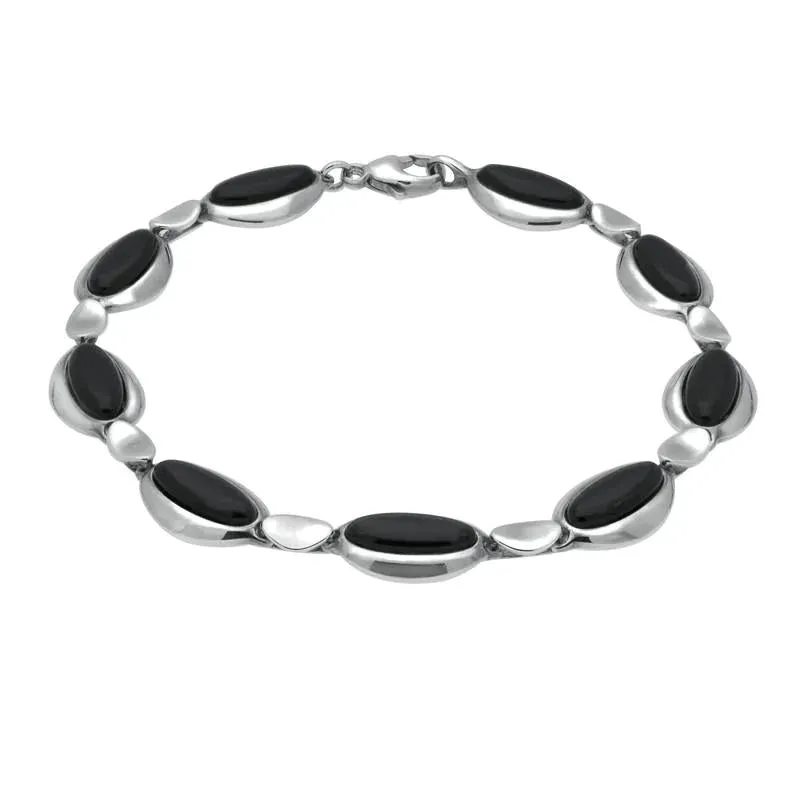 Sterling Silver Whitby Jet Nine Stone Long Oval Bracelet