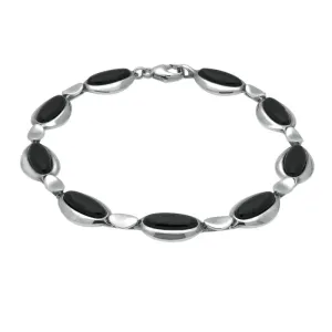 Sterling Silver Whitby Jet Nine Stone Long Oval Bracelet