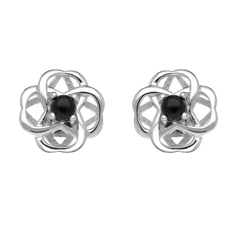 Sterling Silver Whitby Jet Open Round Flower Stud Earrings