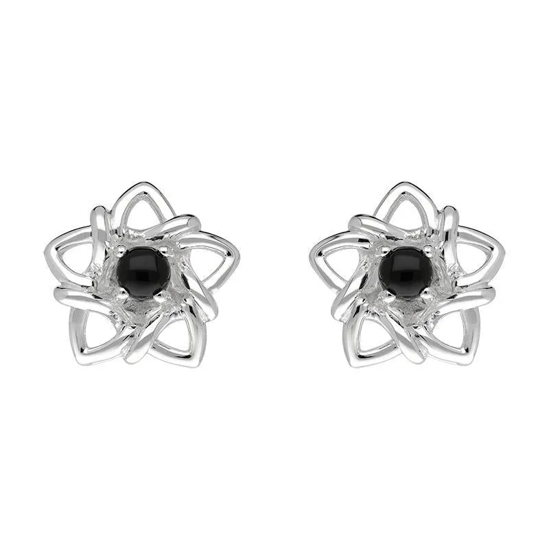 Sterling Silver Whitby Jet Open Star Flower Stud Earrings