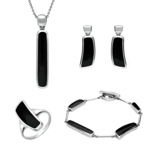 Sterling Silver Whitby Jet Organic Oblong Four Piece Set