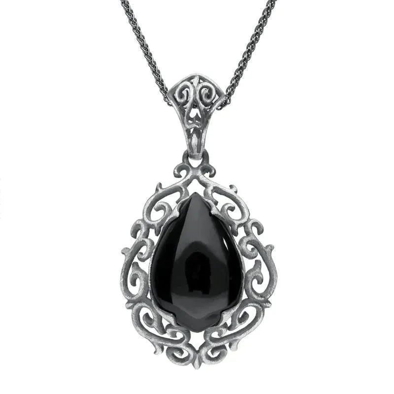 Sterling Silver Whitby Jet Ornate Carved Pear Necklace