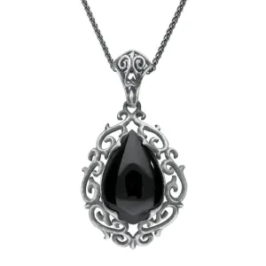 Sterling Silver Whitby Jet Ornate Carved Pear Necklace