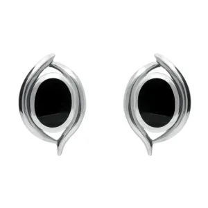 Sterling Silver Whitby Jet Oval Double Fleur Stud Earrings