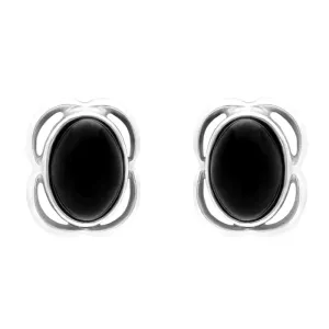Sterling Silver Whitby Jet Oval Flower Stud Earrings