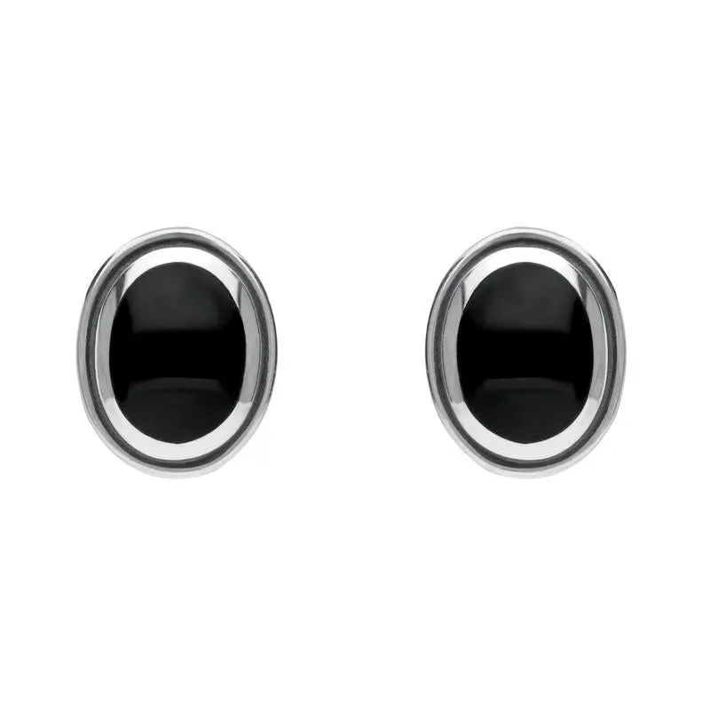 Sterling Silver Whitby Jet Oval Framed Edge Stud Earrings