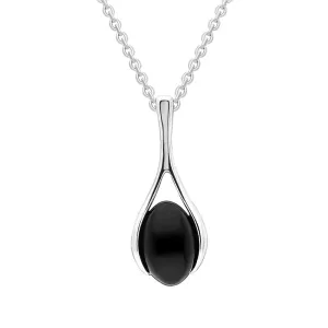 Sterling Silver Whitby Jet Oval Long Drop Pendant