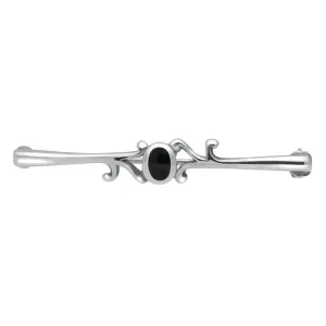 Sterling Silver Whitby Jet Oval Scroll Leaf Brooch