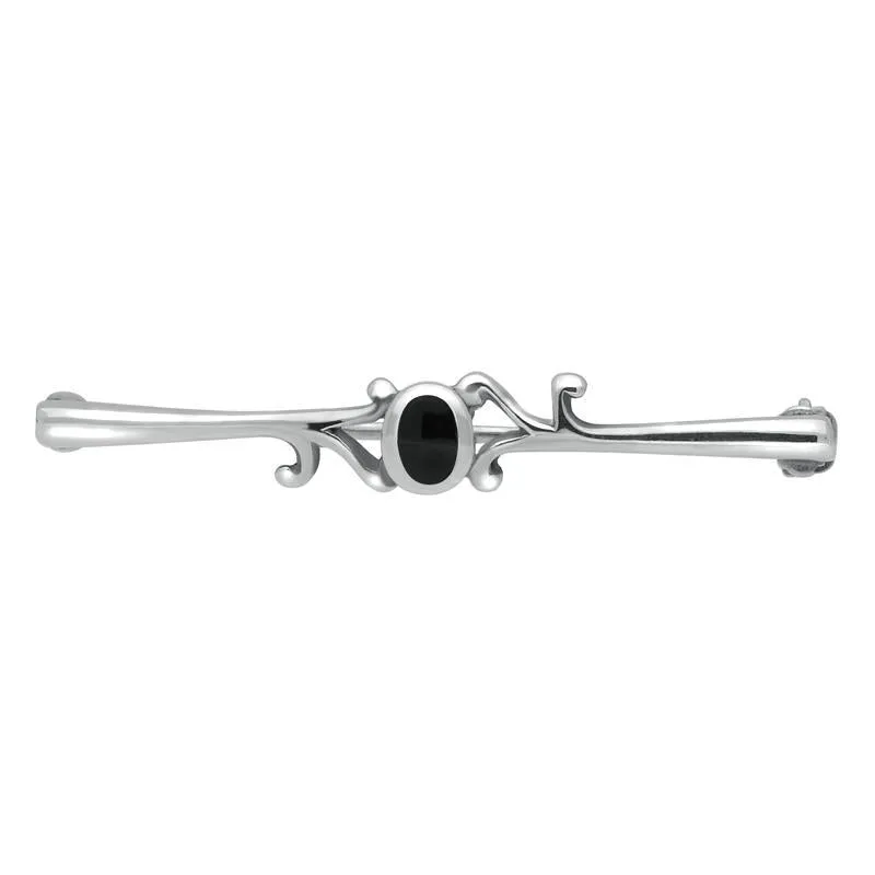 Sterling Silver Whitby Jet Oval Scroll Leaf Brooch
