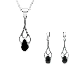 Sterling Silver Whitby Jet Pear Shaped Spoon Necklace and Earring Set