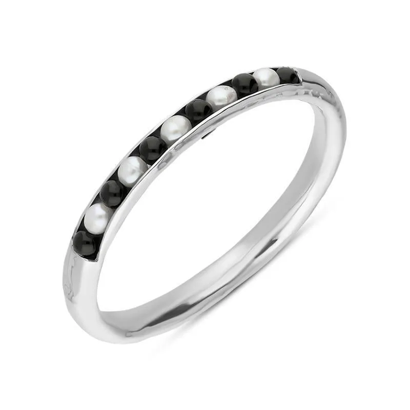 Sterling Silver Whitby Jet Pearl 11 Bead Bangle D