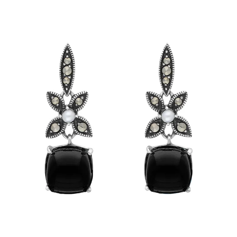 Sterling Silver Whitby Jet Pearl Marcasite Flower Drop Earrings