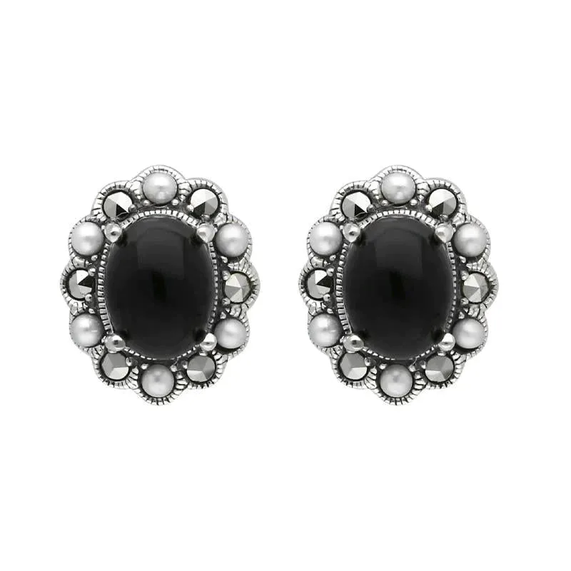 Sterling Silver Whitby Jet Pearl Marcasite Oval Beaded Edge Stud Earrings
