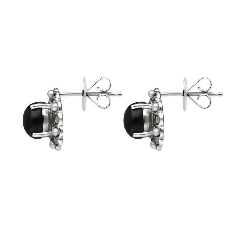 Sterling Silver Whitby Jet Pearl Marcasite Oval Beaded Edge Stud Earrings