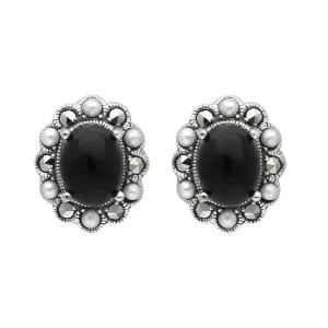 Sterling Silver Whitby Jet Pearl Marcasite Oval Beaded Edge Stud Earrings